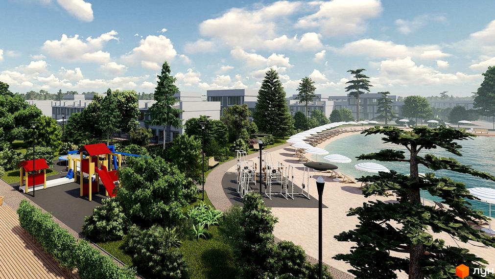 Котеджне містечко Riviera Bucha: сучасні будинки з великою прибудинковою територією, зоною відпочинку біля води та дитячим майданчиком.