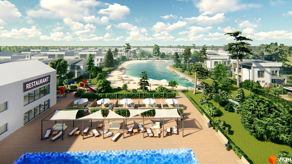 Котеджне містечко Riviera Bucha: білі будинки з панорамними вікнами, зона відпочинку біля басейну та штучне озеро з пляжем.