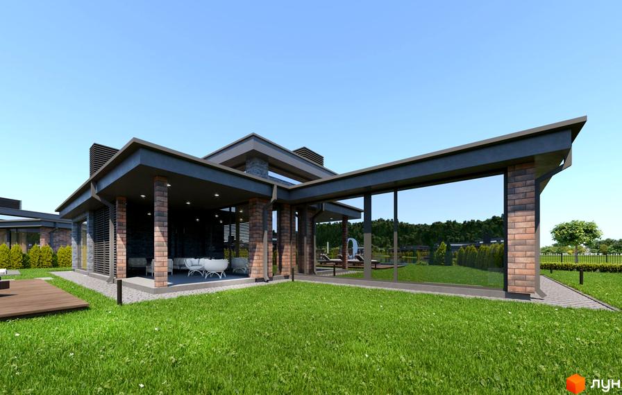 Котеджне містечко КМ OASIS з цегляними фасадами та великими вікнами, оточене доглянутою зеленою територією з газоном та деревами.