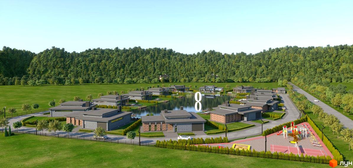 Котеджне містечко КМ OASIS з будинками біля озера та дитячим майданчиком. Навколо комплексу зелені насадження та ліс.