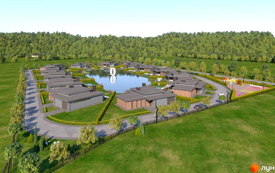 Котеджне містечко OASIS з будинками навколо озера та зоною відпочинку з дитячим майданчиком та тенісним кортом.