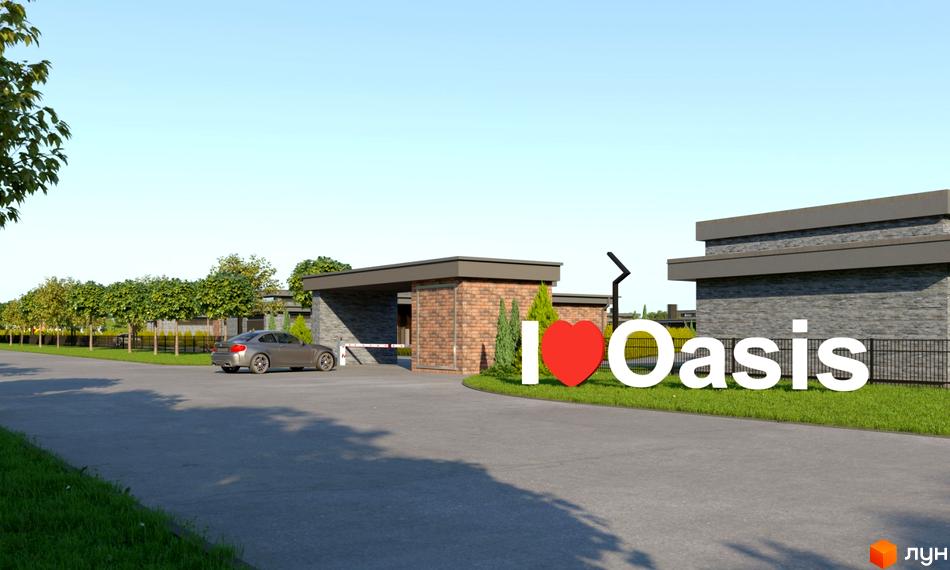 Котеджне містечко КМ OASIS з великими білими літерами 