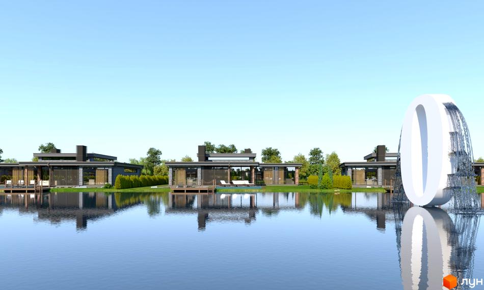 Котеджне містечко КМ OASIS з сучасними будинками та озелененою територією біля водойми. На території комплексу розташований арт-об'єкт у вигляді цифри 0 з водоспадом.