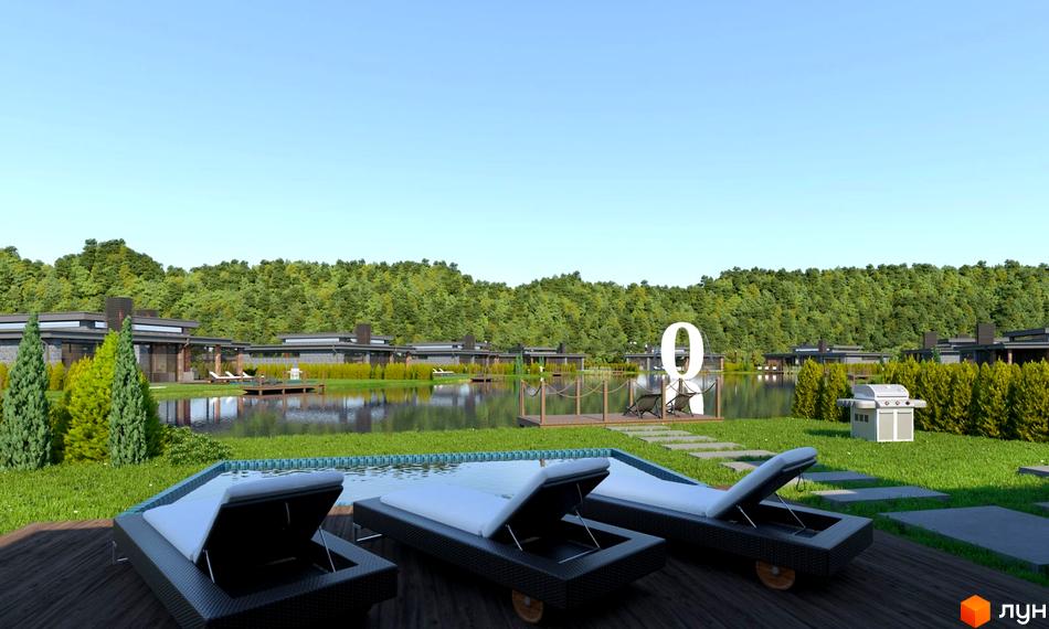 Котеджне містечко КМ OASIS з басейном та лежаками на фоні лісу. Комплекс розташований біля озера з будиночками на воді.