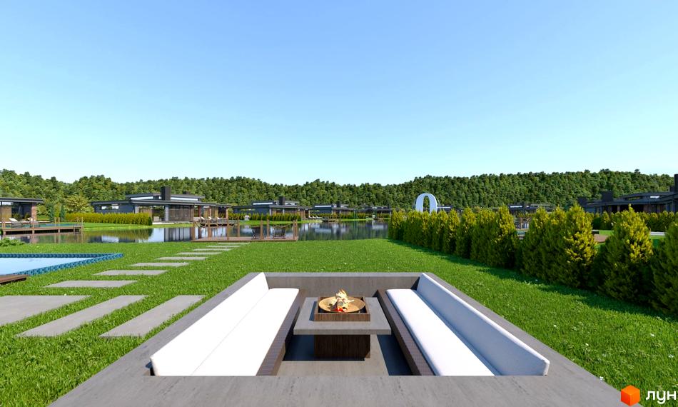 Котеджне містечко КМ OASIS з будинками біля озера та зоною відпочинку з каміном. Навколо зелені насадження та чисте небо.