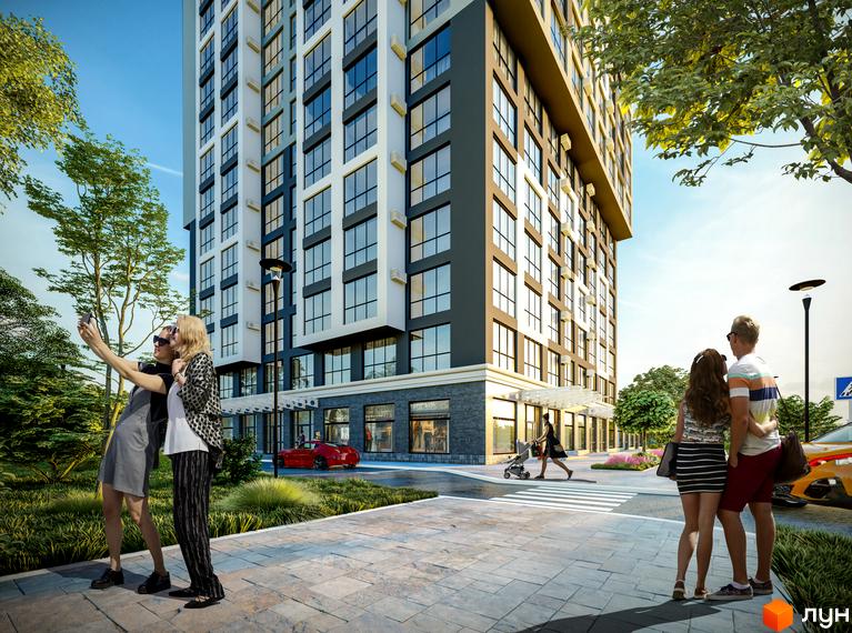 Новобудова ЖК Квітень з панорамними вікнами та доглянутою прибудинковою територією, де гуляють люди. Зовнішній вигляд будинку та зелена зона.
