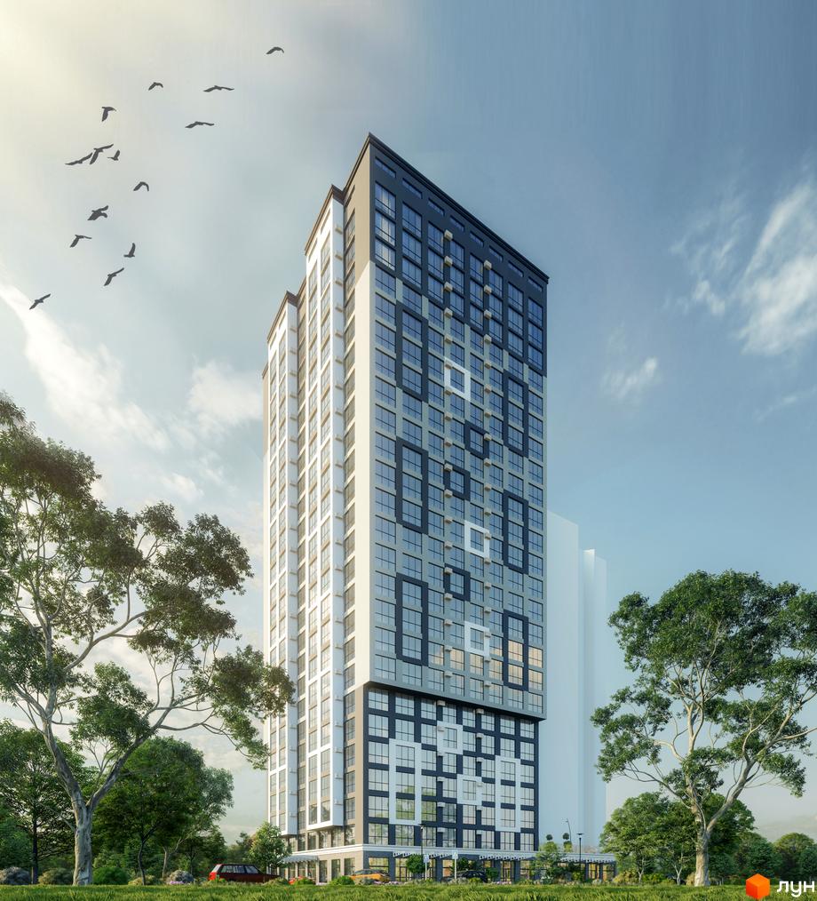 Високоповерховий житловий комплекс Квітень з сірими та білими фасадами, вікнами та зеленою прибудинковою територією.