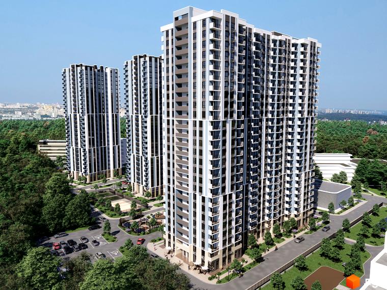 Новобудова ЖК Avenue 42 - високі будинки з балконами та панорамними вікнами, оточені деревами. Поруч розташовані парковка та дитячий майданчик.