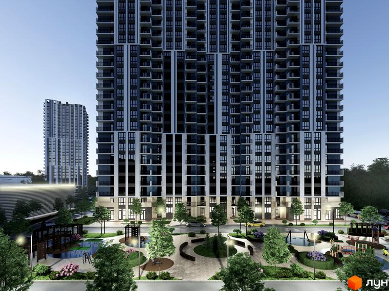 Житловий комплекс Авеню 42 з високою архітектурою та сучасною прибудинковою територією з дитячими майданчиками та зонами відпочинку.