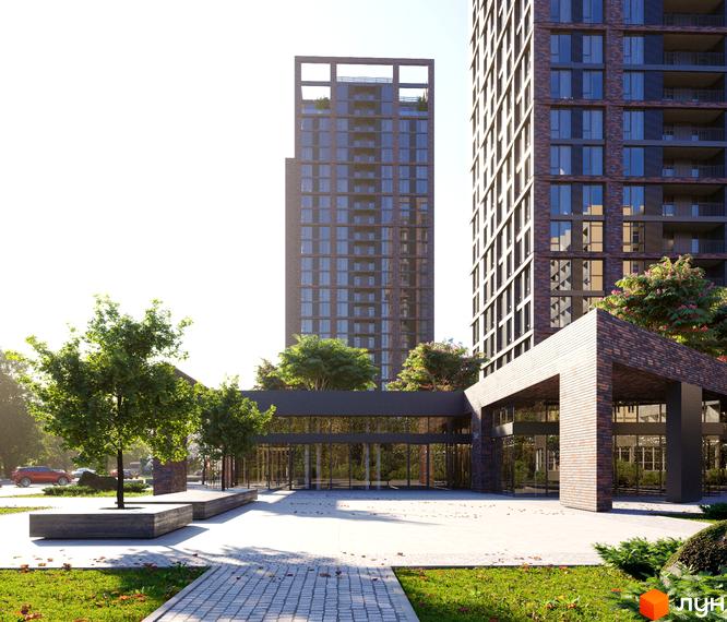 Житловий комплекс MARSHALL з цегляним фасадом та скляними балконами, оточений зеленою прибудинковою територією з деревами та зонами відпочинку.