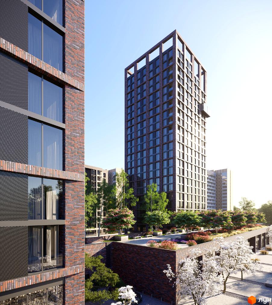 Високі будинки з цегляним фасадом та панорамними вікнами. На території ЖК MARSHALL розташовані дерева, кущі та місця для відпочинку.