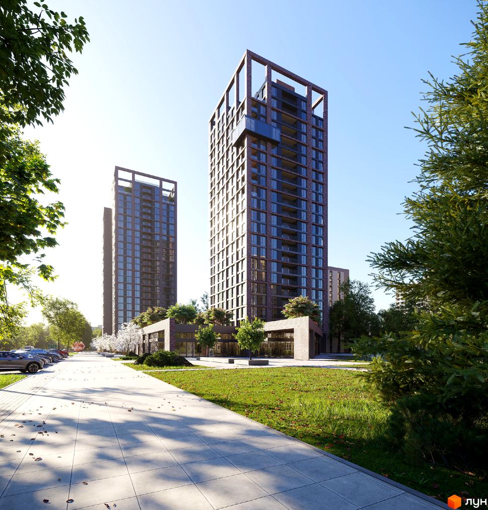 Високі будинки ЖК MARSHALL з цегляними фасадами, поруч зелені насадження та доріжки для прогулянок. Простора прибудинкова територія.