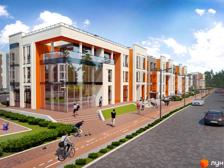 Зображення Житлового комплексу Найкращий квартал. Архітектура будинку з помаранчевими вставками, прибудинкова територія з пішохідною зоною.