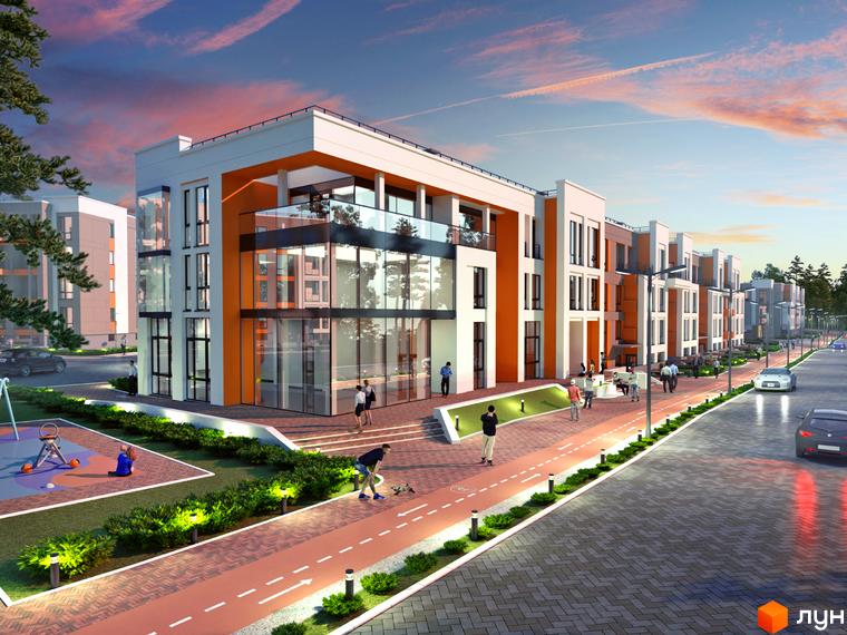 Новобудова Найкращий квартал: будинки з білими та помаранчевими фасадами, великими вікнами. Облаштована територія з пішохідними доріжками, зеленню та дитячим майданчиком.