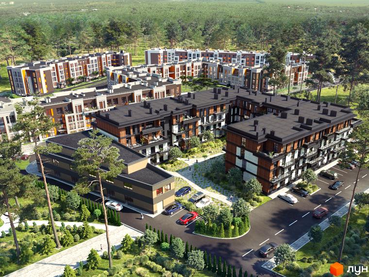 Житловий комплекс Найкращий квартал: Багатоквартирні будинки з темними дахами та коричнево-сірими фасадами. Навколо зелені насадження, доріжки та парковки.