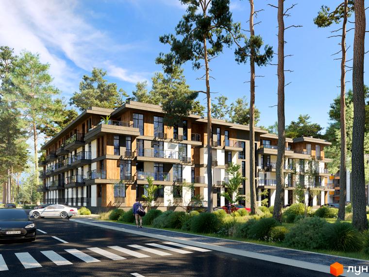 Житловий комплекс Найкращий квартал: багатоповерховий будинок з балконами та великими вікнами, оточений високими соснами та зеленою територією.