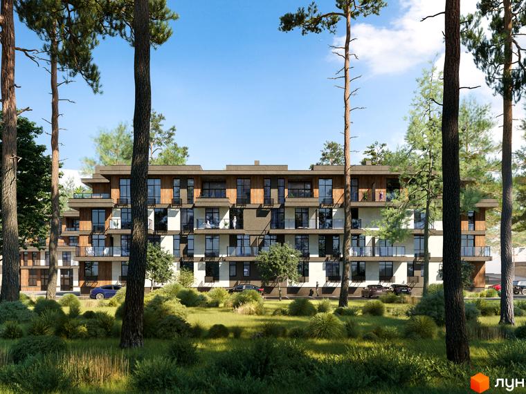Житловий комплекс Найкращий квартал з фасадом у світлих та темних відтінках, балконами та великими вікнами. Оточений високими соснами та зеленою територією.
