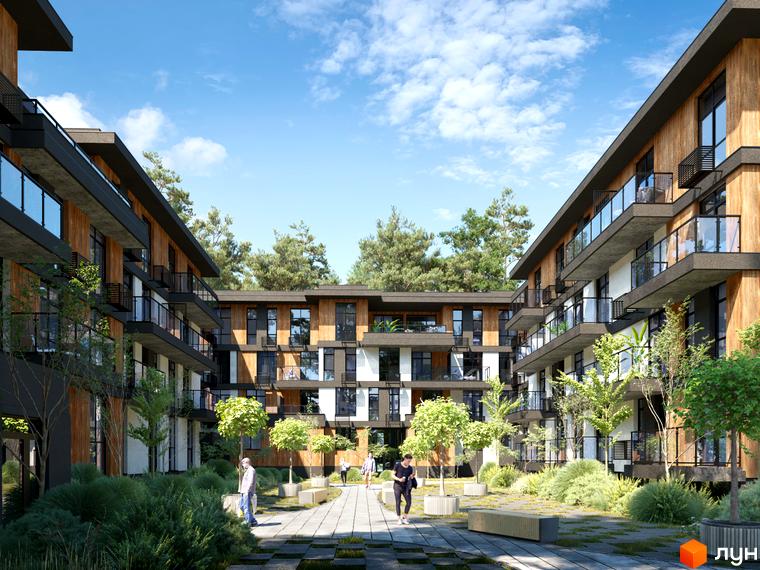 Зображення Житлового комплексу Найкращий квартал. Багатоповерхові будинки з балконами та велика прибудинкова територія з деревами та лавками.