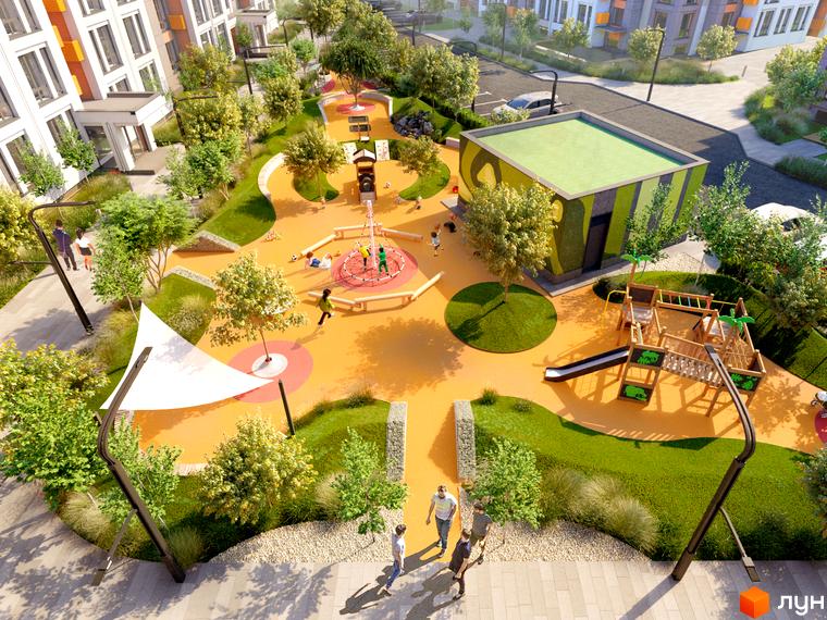 Житловий комплекс Найкращий квартал: вигляд на дитячий майданчик з гірками та ігровими зонами. Навколо новобудови зелені насадження та пішохідні доріжки.