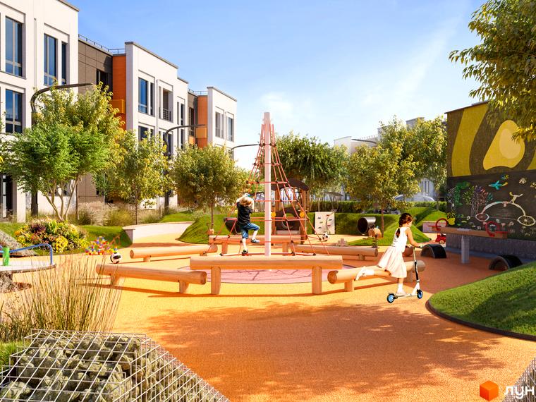 Житловий комплекс Найкращий квартал: будинки з білими фасадами. На прибудинковій території облаштований дитячий майданчик з ігровим обладнанням та деревами.