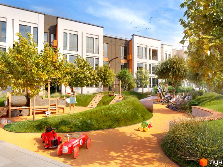 Зображення фасаду та прибудинкової території Житлового комплексу Найкращий квартал. Дитячий майданчик з іграшками та зелені насадження.