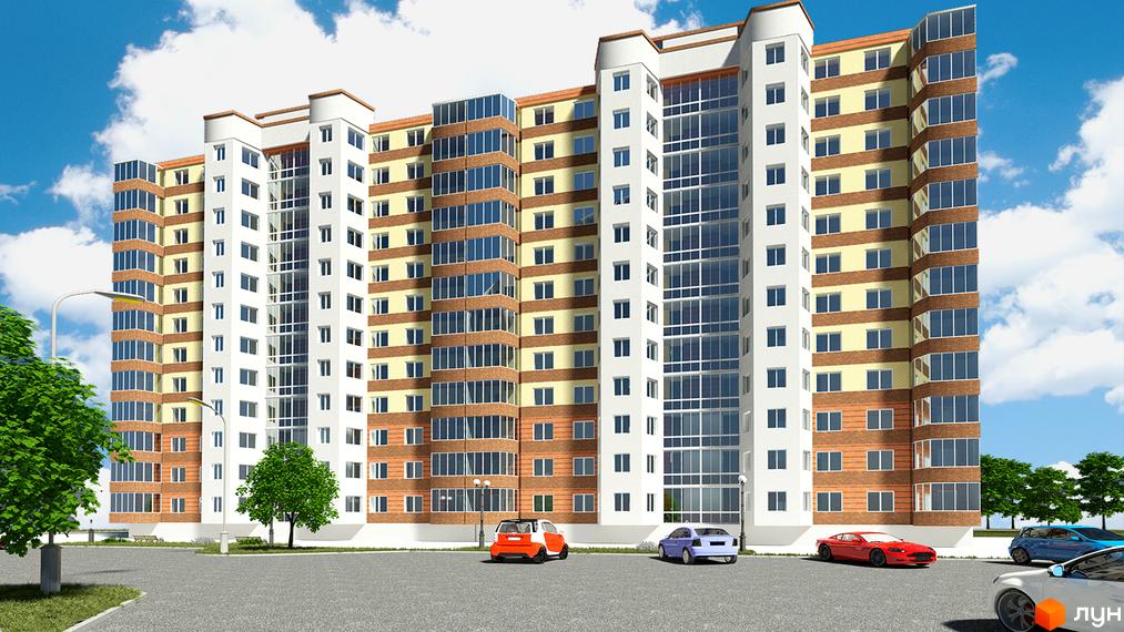 Житловий комплекс Полісся: багатоповерховий будинок з білими, жовтими та цегляними фасадами, скляними балконами. Перед ним парковка з автомобілями та дерева.