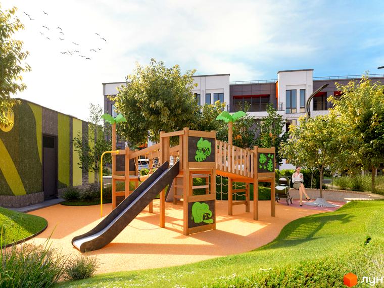 Зображення дитячого майданчика у Житловому комплексі Найкращий квартал. Вигляд будинку та прибудинкової території з ігровим майданчиком.