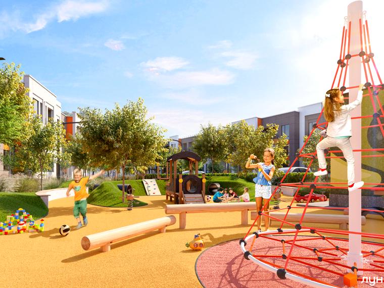 Зображення дитячого майданчика з ігровими елементами у Житловому районі Найкращий квартал. На фото діти граються на майданчику біля новобудови.