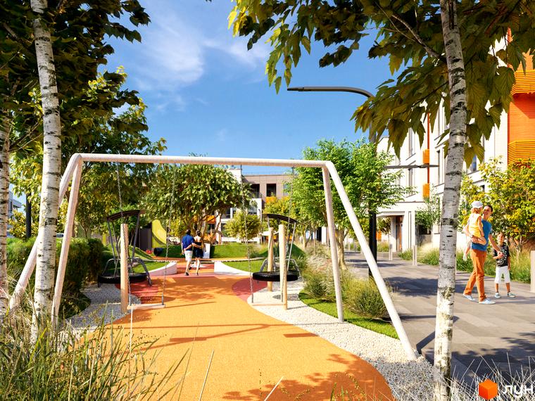 Будівельний проєкт Найкращий квартал з дитячим майданчиком та зеленими насадженнями. Сімейна пара з дітьми гуляє на території комплексу.