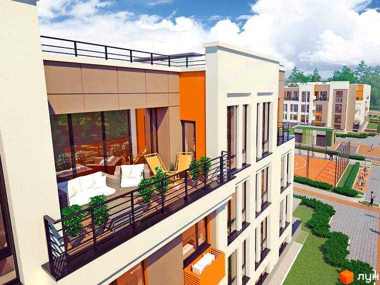 Зображення фасаду та балкону житлового комплексу Найкращий квартал. Вигляд на баскетбольний майданчик та прибудинкову територію.