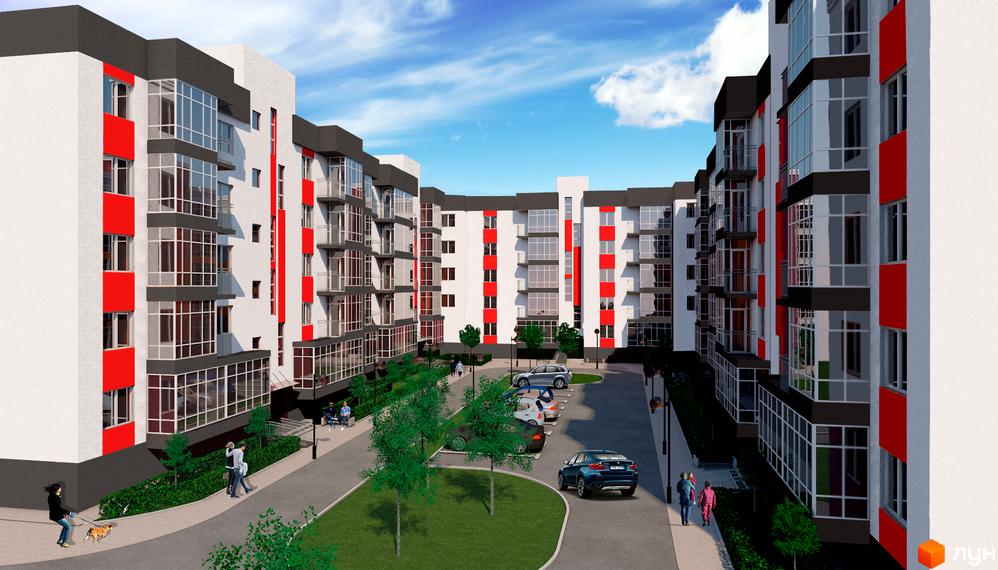 Житловий комплекс Родинна казка. Багатоквартирний будинок з білими фасадами, червоними вставками та панорамними вікнами. На прибудинковій території є парковка, зелені насадження та доріжки для пішоходів.