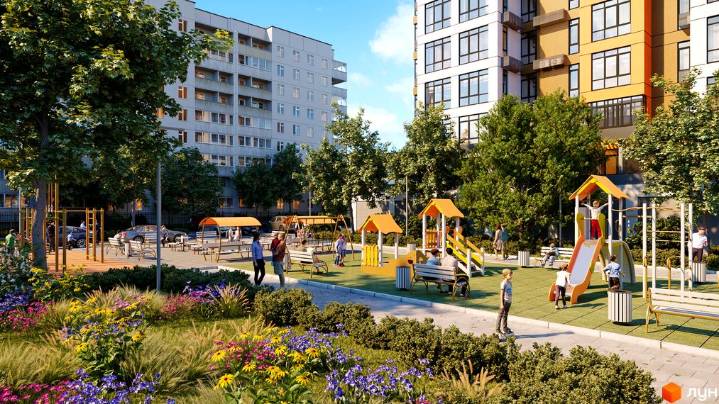 Житловий комплекс Городок: фасади будинків та дитячий майданчик з гірками та гойдалками. Зелена зона з квітами та деревами.