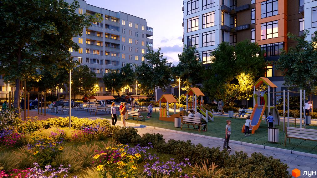 Житловий комплекс Городок з дитячим майданчиком та озелененням. Багатоповерхові будинки з сучасним дизайном, облаштована прибудинкова територія.