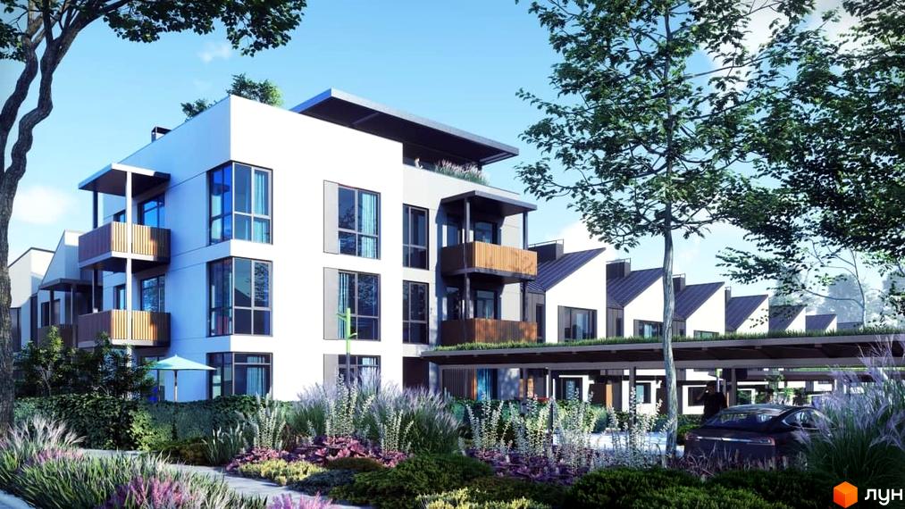 Зображення фасаду та прибудинкової території Житлового комплексу SMART & GREEN. На передньому плані ландшафтний дизайн з квітами та декоративними травами.