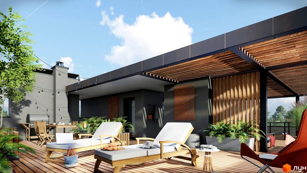 Масив SMART & GREEN: тераса з шезлонгами та обідньою зоною. На території комплексу зелені насадження та зона відпочинку.