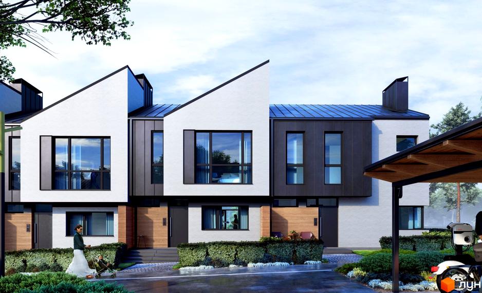 Ряд таунхаусів SMART & GREEN з білими та темно-сірими фасадами, гострими дахами та великими вікнами. Прибудинкова територія озеленена кущами та має доріжки.