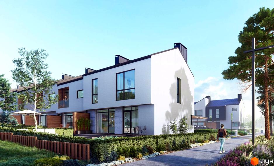 Таунхауси SMART & GREEN з білими фасадами та великими вікнами, розташовані вздовж доглянутої алеї з кущами та деревами.