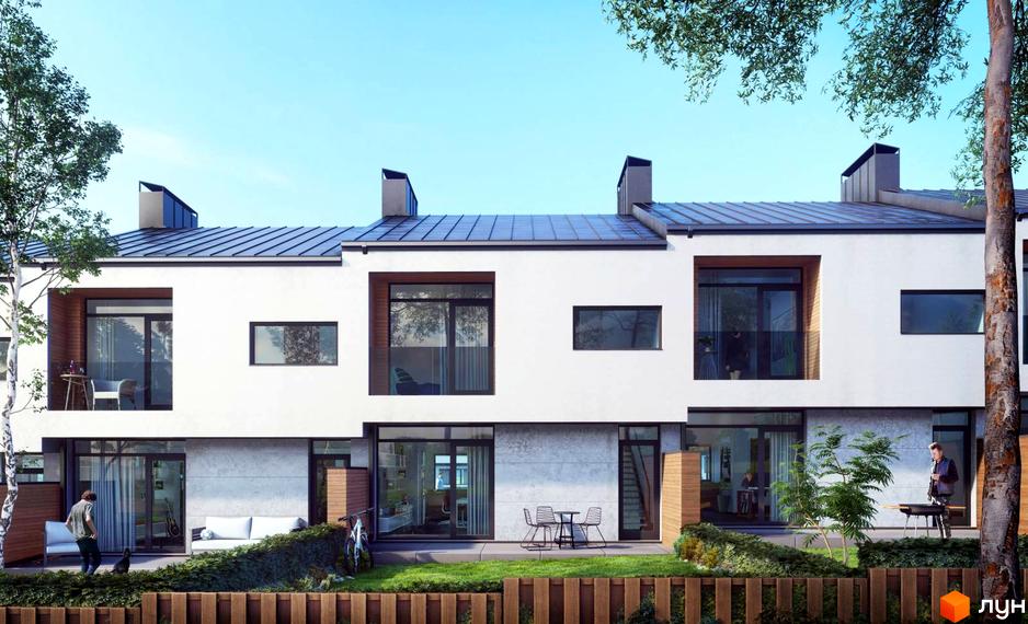 Таунхауси SMART & GREEN з білими фасадами та великими вікнами, розташовані на зеленій ділянці з деревами.