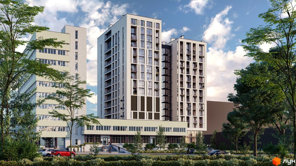 Апарт-комплекс WELL towers – багатоповерхові будинки з балконами та великими вікнами, зелена прибудинкова територія з деревами та автомобілями.