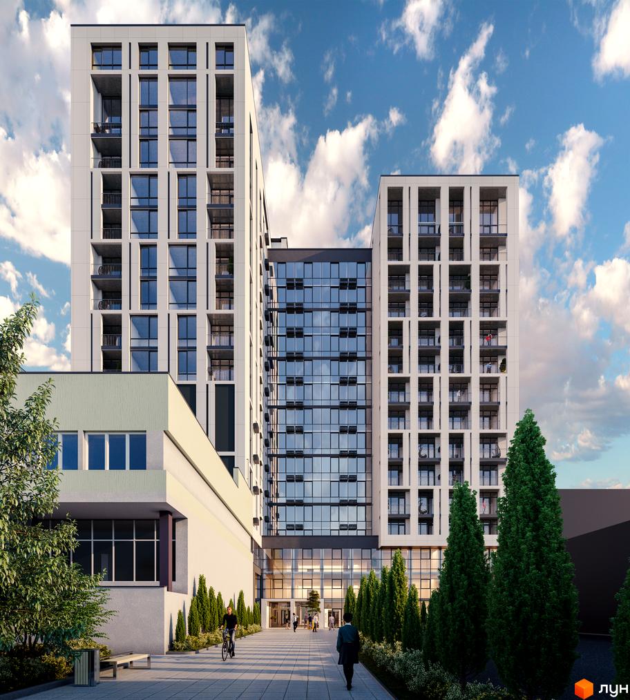 Апарт-комплекс WELL towers з білими фасадами та великою кількістю скління. Поруч доглянута прибудинкова територія з деревами та пішохідною доріжкою.