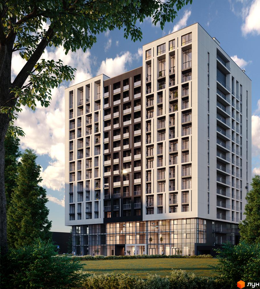 Апарт-комплекс WELL towers - це сучасна новобудова з панорамними вікнами та балконами, оточена зеленою зоною та деревами.