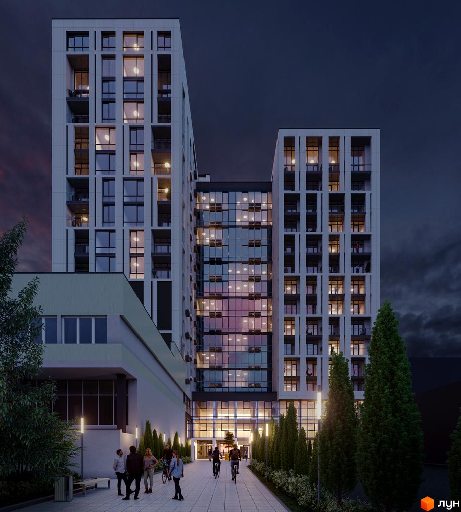 Апарт-комплекс WELL towers з багатою прибудинковою територією та людьми на фоні вечірнього неба. Зовнішній вигляд будинку з багатьма вікнами та балконами.