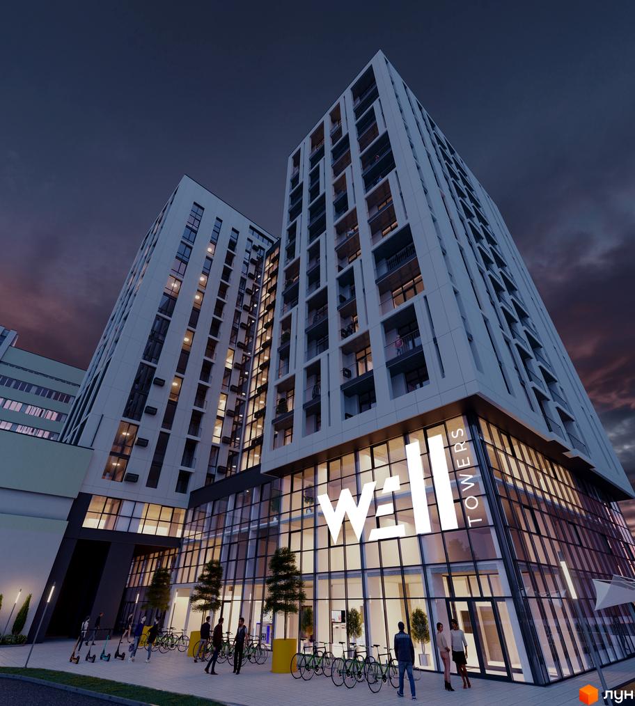 Апарт-комплекс WELL towers з фасадом зі скла та білої плитки, що має великі вікна та балкони. Перед комплексом розташована зона відпочинку з велосипедами та самокатами.
