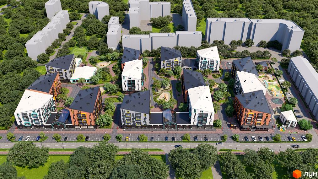 Житловий комплекс Verba: фасади будівель з різнокольоровими елементами, зелена прибудинкова територія з дитячими майданчиками та парковкою.