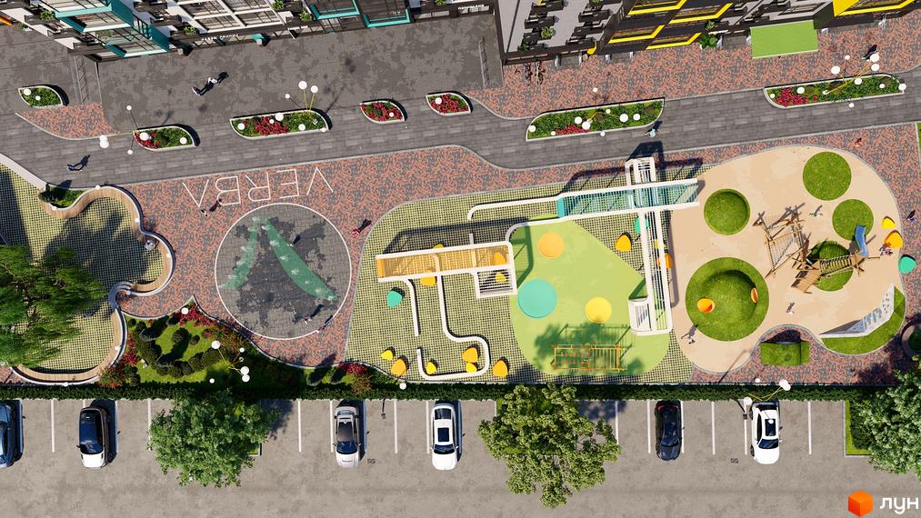 Житловий комплекс Verba з дитячим майданчиком та парковкою. Сучасний житловий комплекс з елементами ландшафтного дизайну.