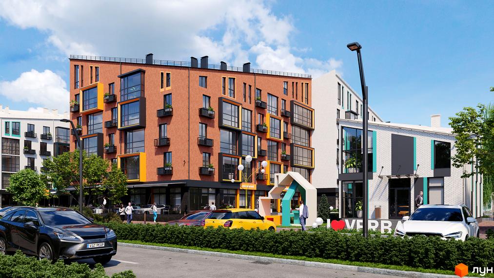 Житловий комплекс Verba з цегляним фасадом та жовтими елементами. Навколо зелена територія з деревами та автомобілями.