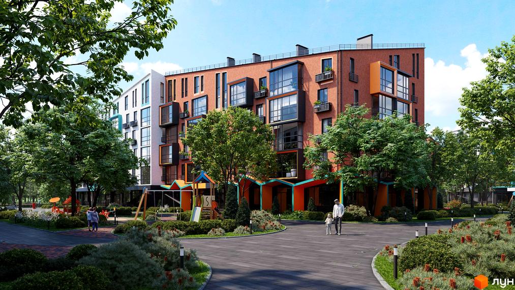 Житловий комплекс Verba: цегляний будинок з виступаючими еркерами та зелена прибудинкова територія з дитячим майданчиком.