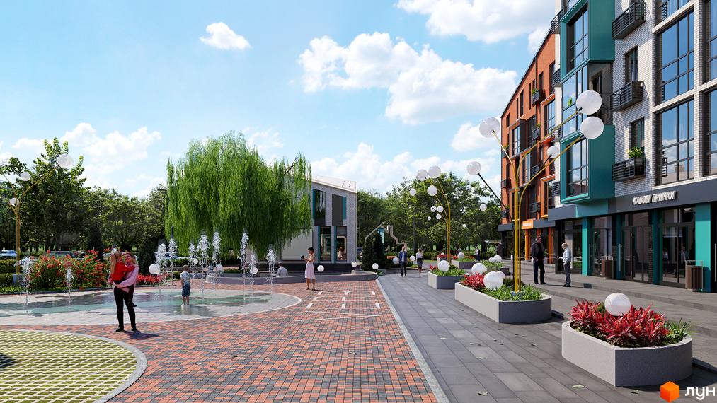 Житловий комплекс Verba: фасади будівель з цегли та білої плитки, зелені зони та фонтан на прибудинковій території.