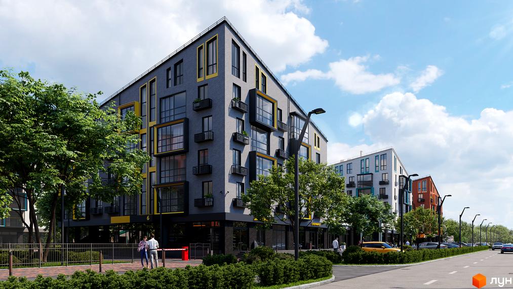 Новобудова ЖК Verba з сірою цегляною фасадною частиною та жовтими акцентами. Поруч зелені дерева та доглянута прибудинкова територія.