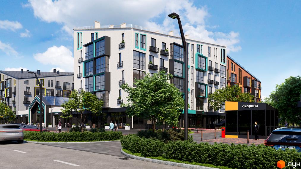 Зовнішній вигляд житлового комплексу Verba: білі та цегляні фасади, панорамні вікна, зелені зони та вхідна група. На території комплексу розташована охорона та шлагбаум.